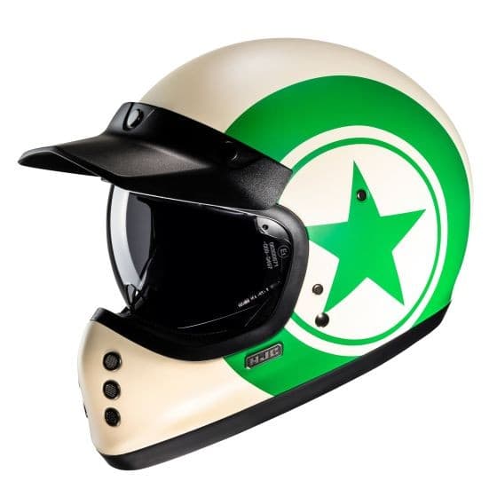 Green and cream full face motorcycle helmet featuring a star design, a black visor, and ventilation holes, made by HJC, model V60 Nyx MC4SF.