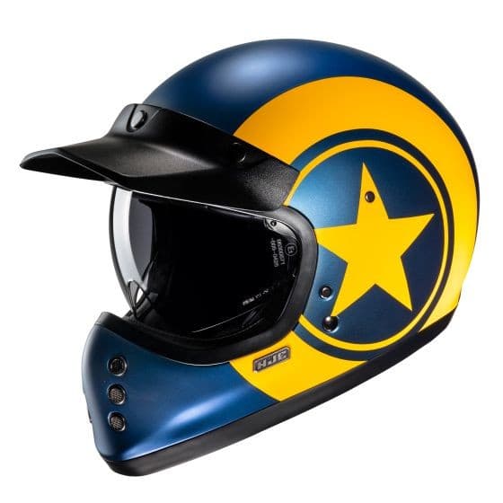 Yellow and blue full-face motorcycle helmet featuring a star design, a glossy finish, a black visor, and ventilation ports for enhanced airflow.