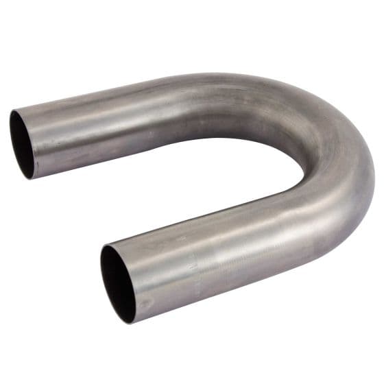 Silver stainless steel 180-degree exhaust bend with a 3-inch diameter, featuring smooth, curved edges for optimal airflow and durability in automotive applications.