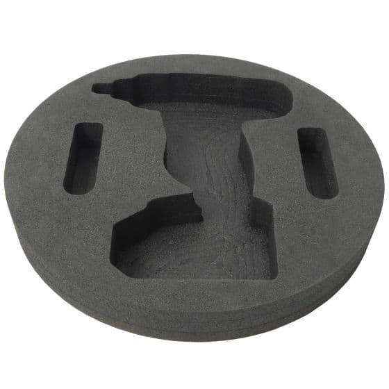 Round, black foam holder designed for a 14-inch impact wrench, featuring cutouts for tool placement and handles for easy transport, part of the Layer Cake System.