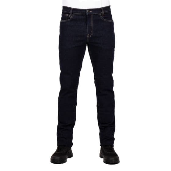 Indigo blue Knox Calder Short Leg Motorcycle Denim Jeans in large size, featuring a slim fit, classic five-pocket design, and contrasting stitching details.