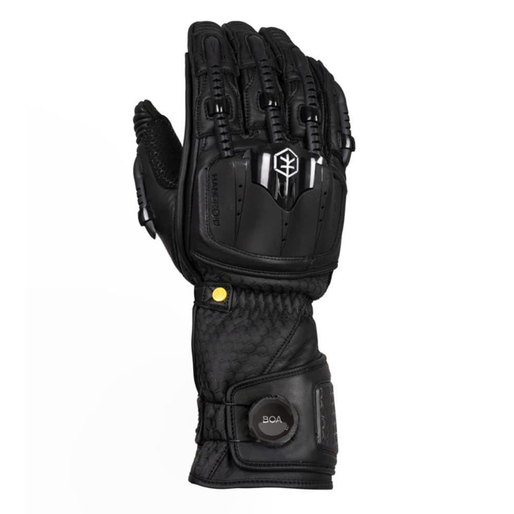 Black Knox Handroid MK V gloves in size M, featuring a textured leather exterior, reinforced knuckles, and a BOA closure system for a secure fit.