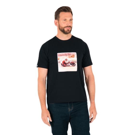 Black Knox Heritage Race T-Shirt in size small, featuring a vibrant motorcycle graphic on the front, made from soft, breathable material, ideal for casual wear.