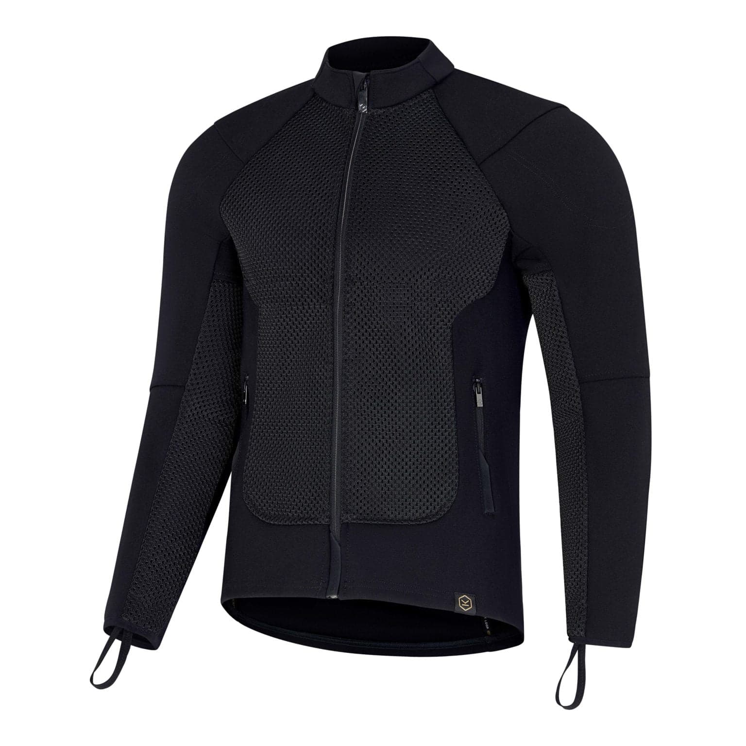 Black Knox Honister Protector Jacket in size M, featuring a sleek design with mesh panels, a high collar, and zippered pockets for added functionality.