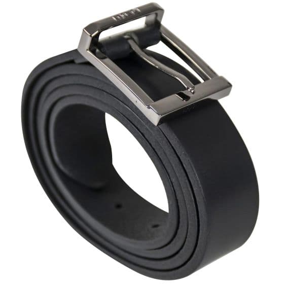 Black leather belt for ladies by Knox, featuring a sleek design, large size, and a shiny silver metal buckle.