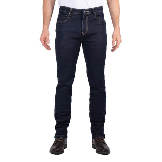 Men's Knox Shield motorcycle jeans in blue, made from durable denim, featuring a slim fit design with reinforced stitching and pockets for protection and style.