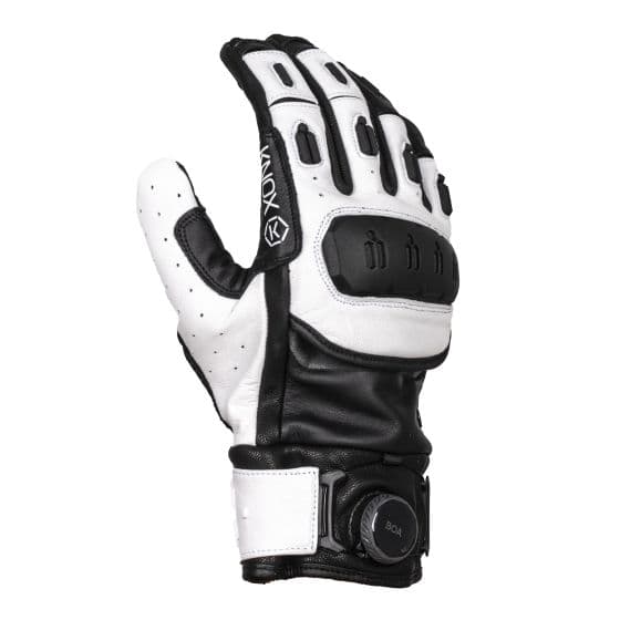 Black and white Knox Orsa Leather MK3 gloves in size S, featuring a textured leather finish, padded knuckles, and a secure wrist closure.