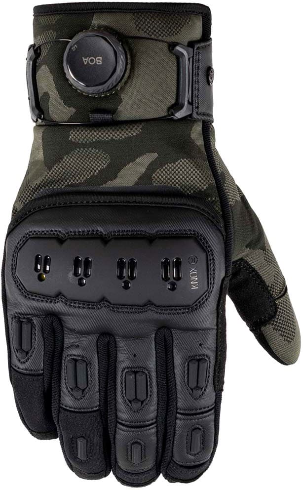 Black and green Knox Orsa OR4 motorcycle gloves in size S for men, featuring a durable material, reinforced knuckles, and a secure wrist closure for protection and comfort.