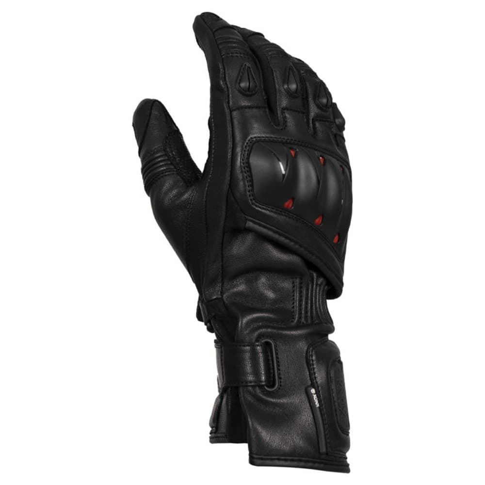 Black leather motorcycle gloves featuring Knox Oulton MK2 protection, with knuckle armor, red accents, and a secure wrist closure for enhanced safety and comfort.