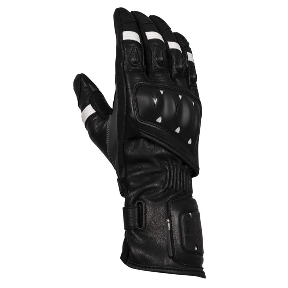 Black leather motorcycle gloves featuring Knox protection, with reinforced knuckles, white accents, and a secure wrist strap for a snug fit.