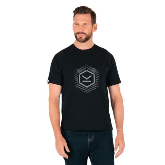 Black Knox Reflect T-Shirt in size small, featuring a reflective hexagon logo on the front, made from soft, breathable material, ideal for visibility and comfort.