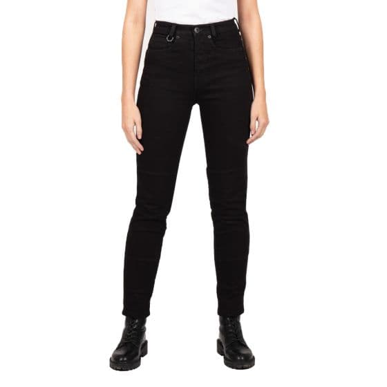 Black denim motorcycle jeans for women, featuring a slim fit, short leg design, high waist, and subtle stitching details, paired with black combat boots.