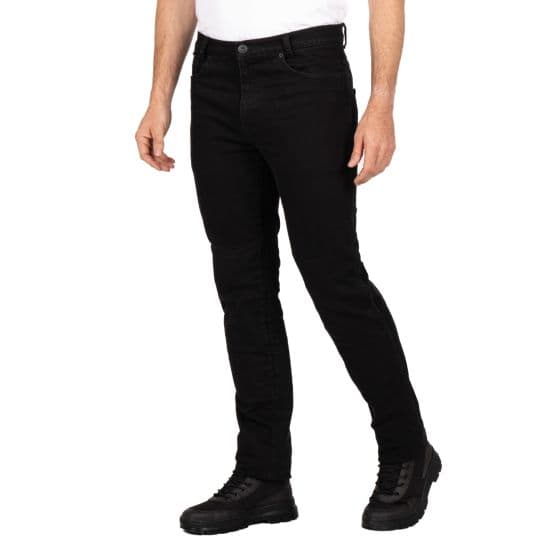 Black motorcycle denim jeans by Knox, featuring a slim fit, sturdy material, and a classic five-pocket design, paired with black boots.