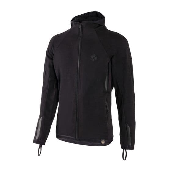 Black Knox Shield Hoody textile jacket in size S, featuring a full zip, hood, and sleek design with contrasting material panels on the sleeves.