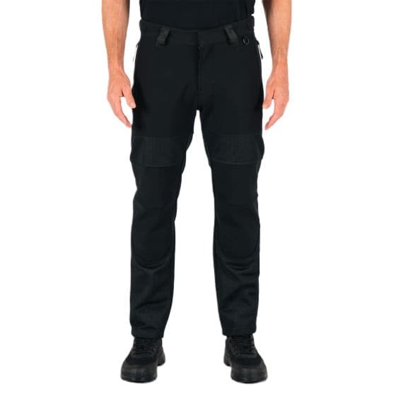 Black textile pants featuring a sleek design, breathable mesh panels, and knee protection, designed for a short size S fit.
