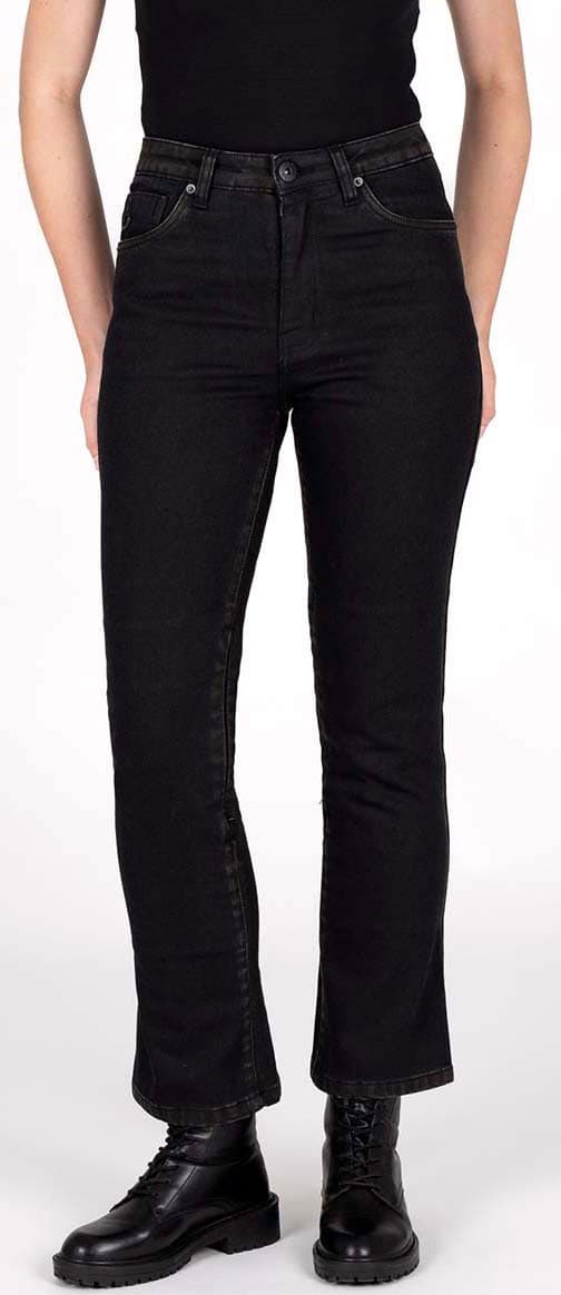 Black kick flare jeans for women by Knox, featuring a high waist, five-pocket design, and a slightly flared hem, styled with a fitted top and black boots. Size XS.