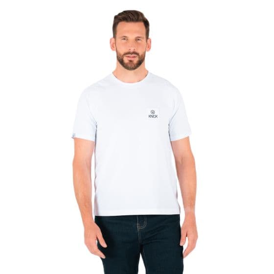 White Knox Woven Patch T-Shirt in large size, featuring a small logo on the chest and short sleeves, paired with dark jeans.