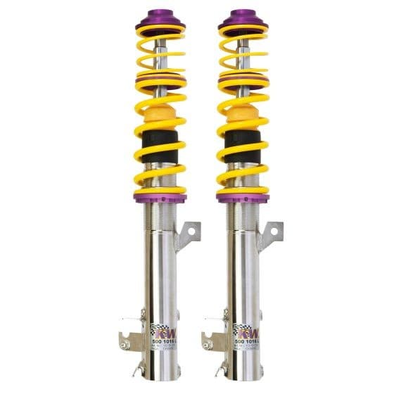 KW Suspension V1 Coilover Kit featuring stainless steel construction, yellow springs, and purple top mounts, designed to lower vehicles by 25-45mm for improved handling.