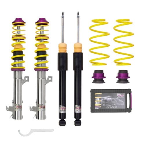 KW Suspension V1 Coilover Kit featuring stainless steel shock bodies, yellow and purple springs, adjustable dampers, and a tool kit for installation, designed for lowering vehicles.