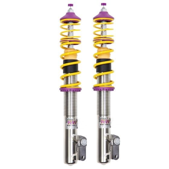 KW Suspension V2 Coilover Kit featuring stainless steel construction, yellow springs, and purple top mounts, designed to lower front 25-45mm and rear 25-40mm for enhanced vehicle performance.