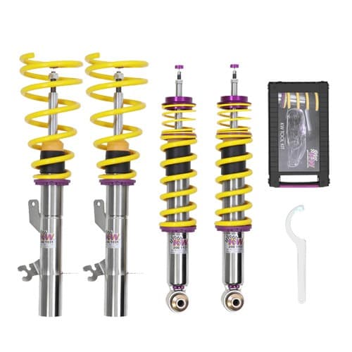 KW Gewindefahrwerk V3 Variante 3 Inox features silver stainless steel shock absorbers with yellow springs, purple accents, and includes installation tools in a black case.