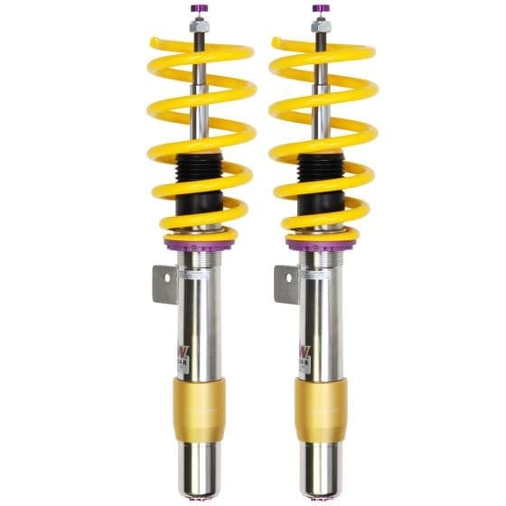 KW Suspension V3 Coilover Kit features silver stainless steel shock bodies, bright yellow coil springs, and purple adjustment knobs, designed for lowering front 25-50mm and rear 20-40mm.