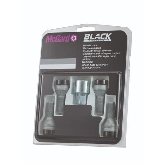 Four black locking wheel bolts with a silver key, packaged in a clear plastic blister pack featuring a black and silver label with the McGard logo.