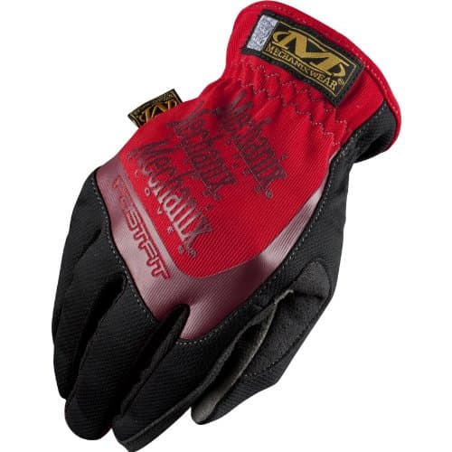 Black mechanics glove featuring a synthetic leather palm, TrekDry back for breathability, and a bold red and black design with the Mechanix logo.