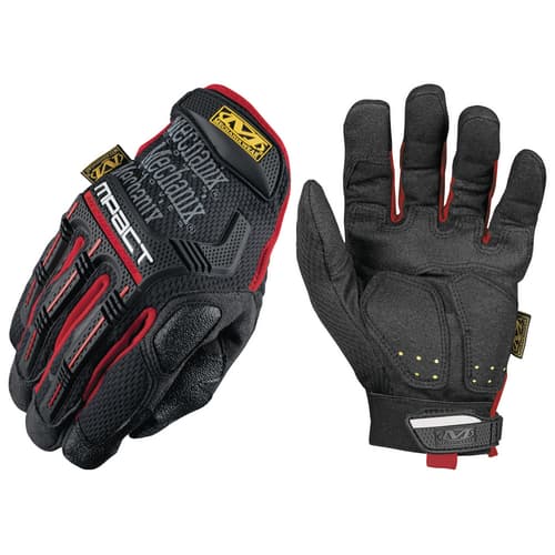 Black and red M-Pact® mechanics gloves featuring an Armortex® palm, TPR back, and padded knuckles for enhanced protection and grip, size 8.