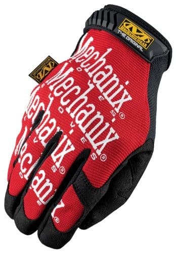 Red synthetic leather gloves with a TrekDry back, featuring white "Mechanix" branding, reinforced fingertips, and a black wrist closure.