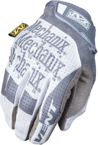 White and gray Mechanix Specialty Vent Mechanics Glove in size XL, featuring breathable material, reinforced fingertips, and a textured palm for enhanced grip.
