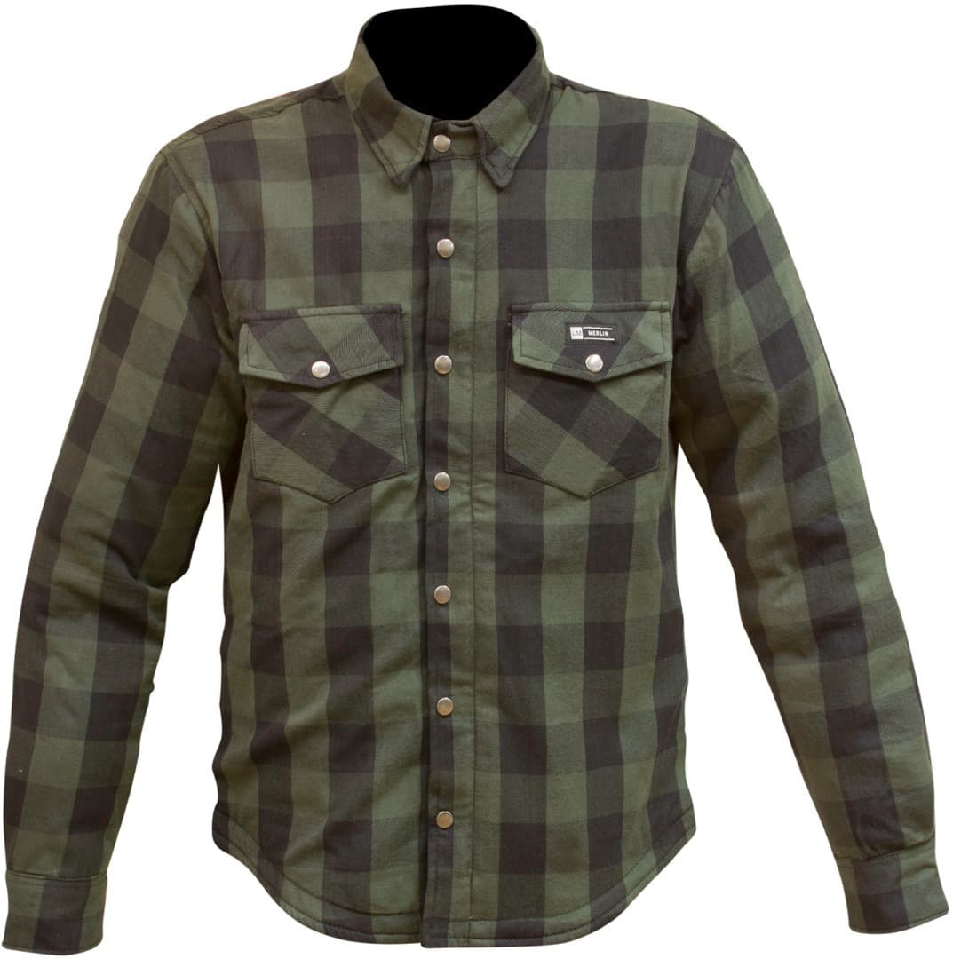 Green plaid motorcycle shirt by Merlin, featuring a button-up front, two chest pockets with flaps, and long sleeves, available in size 3XL for men.