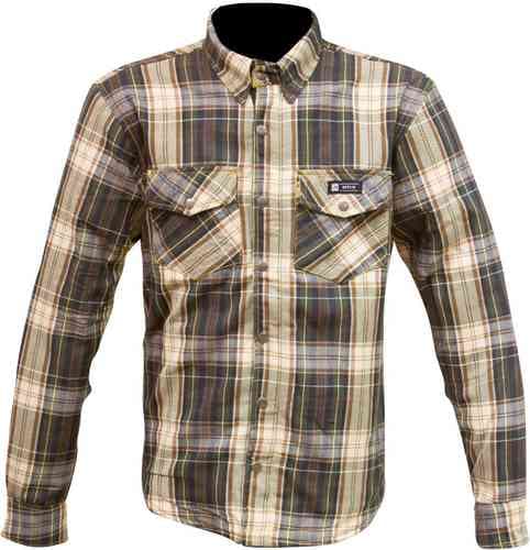 Brown plaid motorcycle shirt for men by Merlin, featuring a button-up front, two chest pockets, and a comfortable fit in size L.