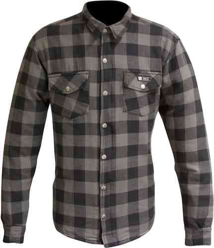 Black and grey plaid long-sleeve motorcycle shirt for men, featuring two chest pockets, button-down front, and a casual fit, size L by Merlin.