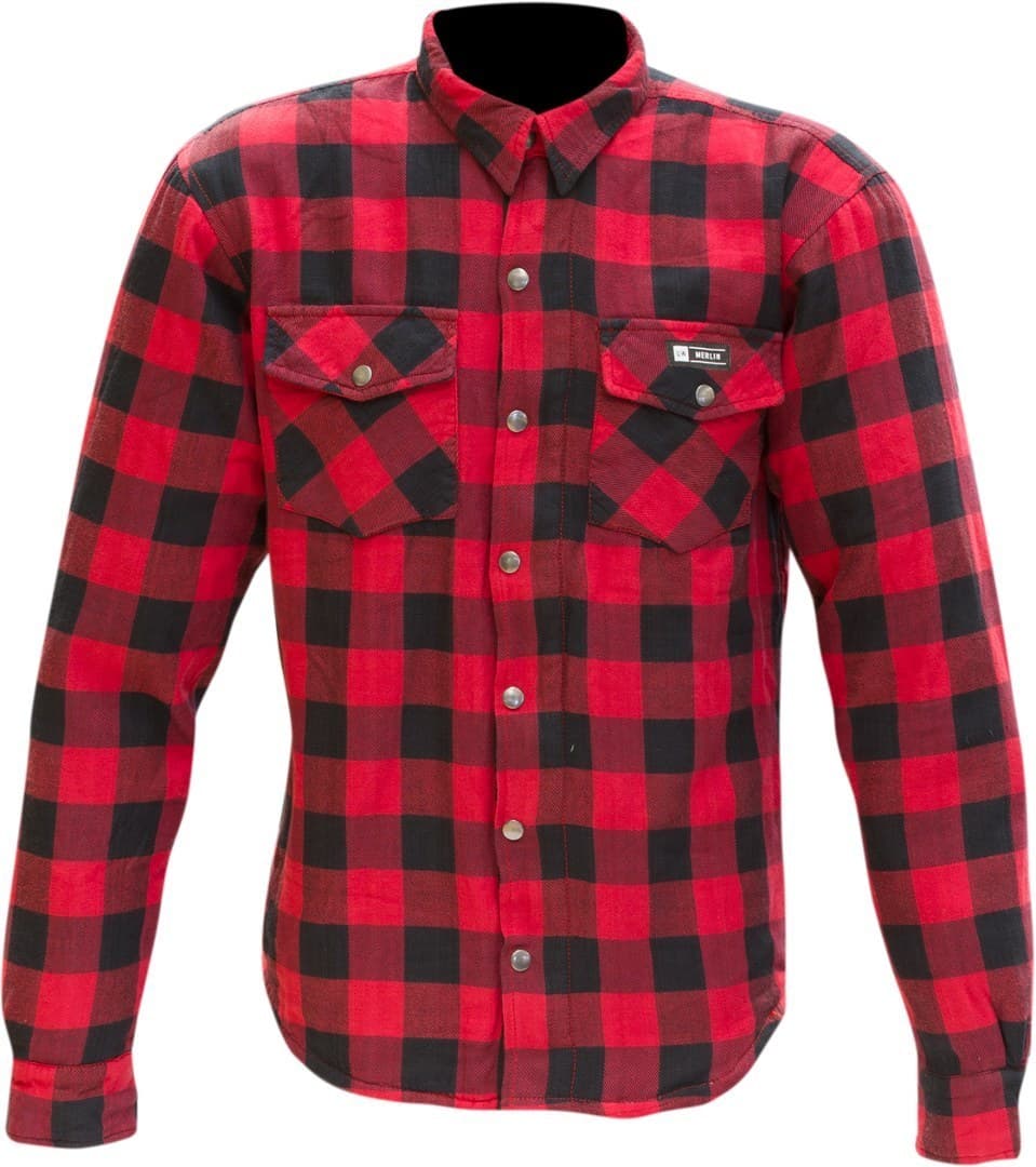 Black and red plaid motorcycle shirt by Merlin, featuring a button-up front, two chest pockets, and long sleeves, made from durable material, size M for men.