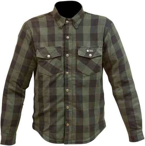 Green and black plaid long-sleeve motorcycle shirt by Merlin, featuring a button-down collar, two chest pockets, and a relaxed fit, size S for men.