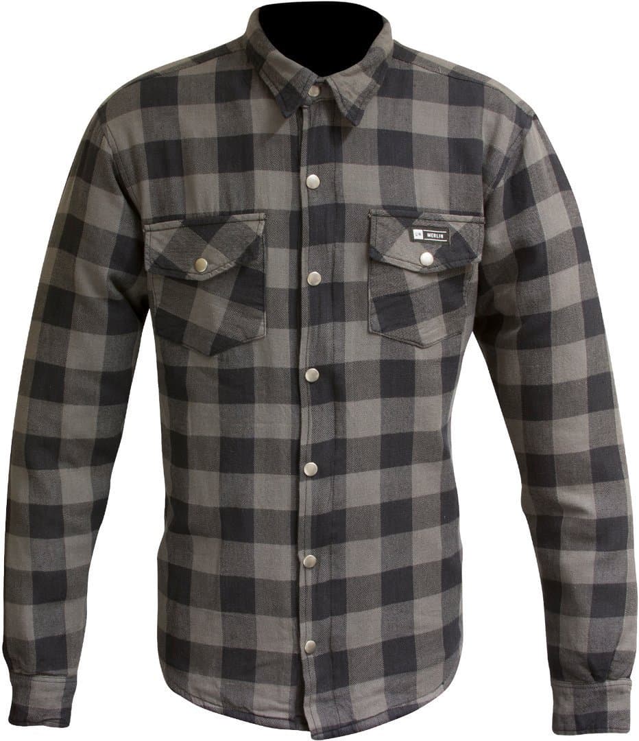 Black-grey plaid motorcycle shirt by Merlin, featuring long sleeves, two chest pockets, and snap buttons, designed for men in size S.