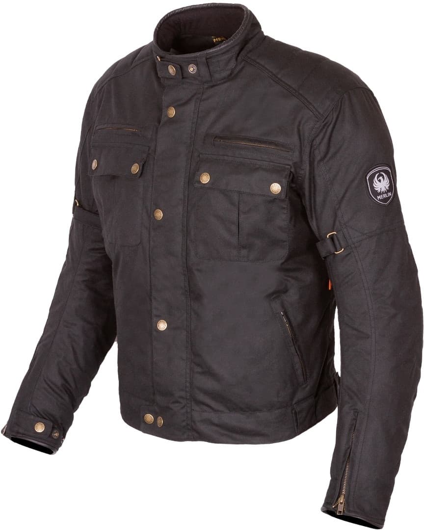 Black waxed motorcycle jacket for men, size L, featuring a high collar, multiple pockets, gold-tone buttons, and a logo patch on the sleeve.