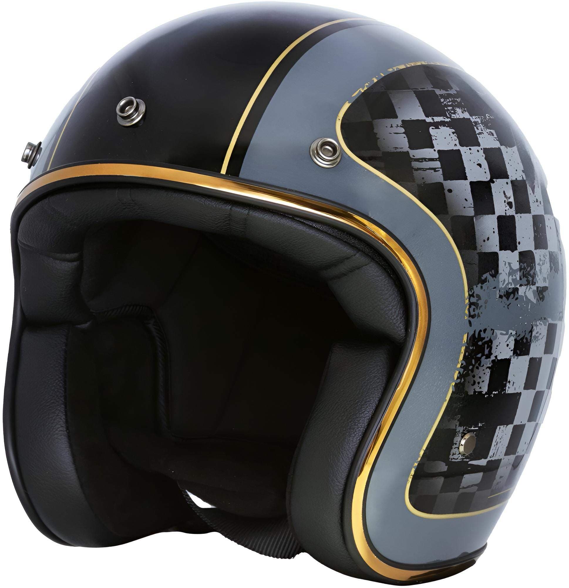Black and grey Merlin Blackbird Racer Jet Helmet with a glossy finish, featuring a checkered pattern and gold accents, designed for men in size L.