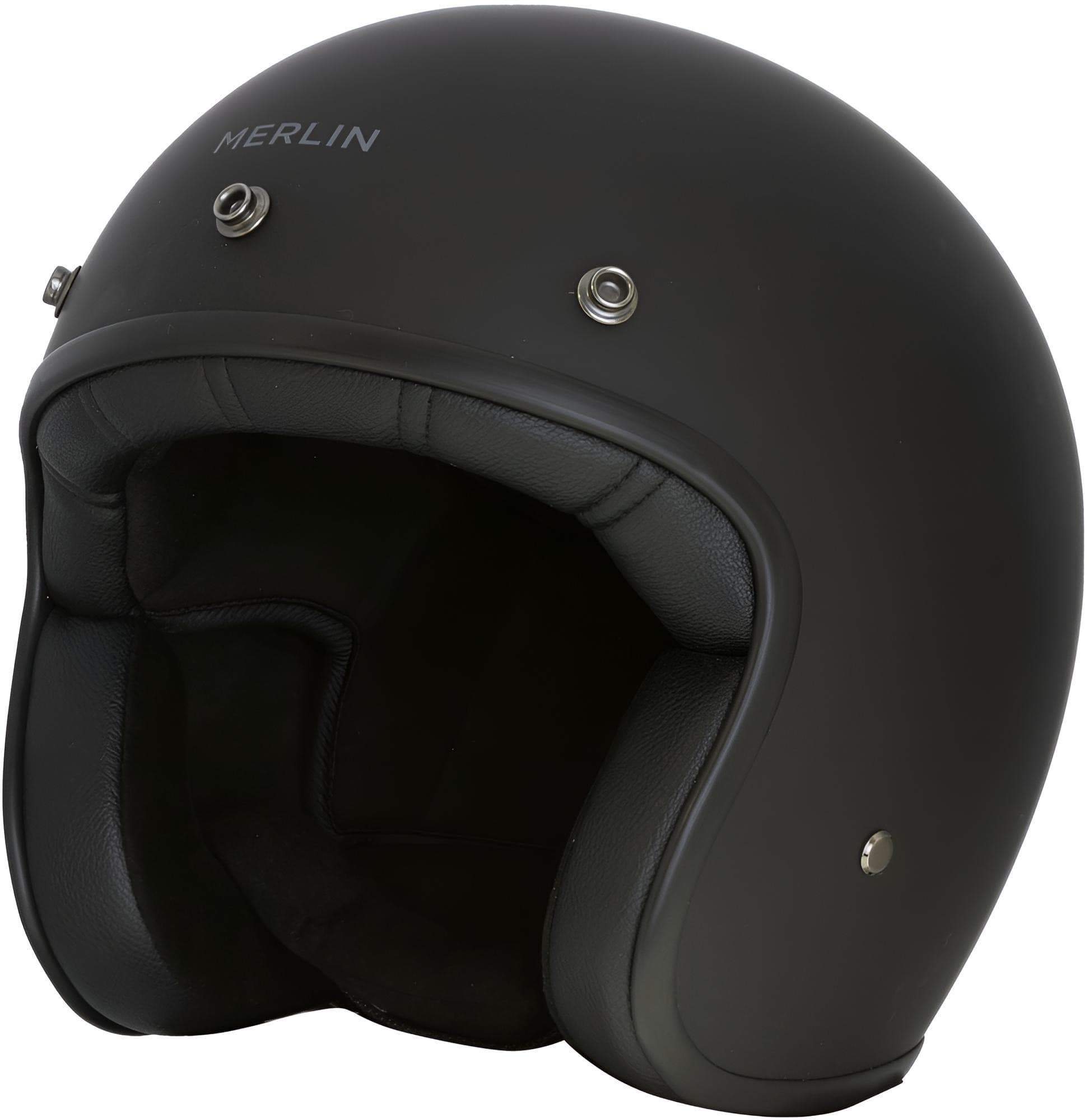 Matte black jet helmet with a rounded design, featuring a soft leather interior, metal snaps, and "MERLIN" logo on the front, size L for men.