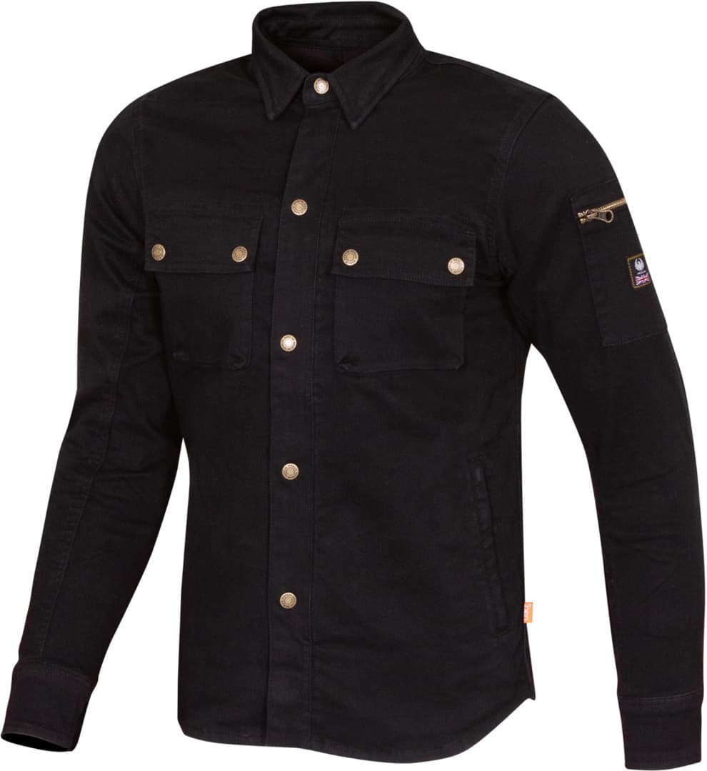 Black D3O single layer motorcycle shirt for men, size L, featuring a button-up front, two chest pockets with flaps, and a zippered arm pocket, made from durable material.
