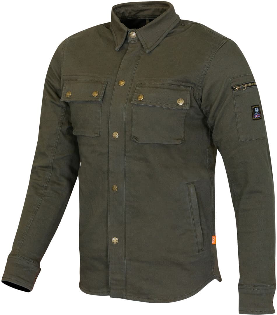 Green-brown Merlin Brody D3O motorcycle shirt in size M for men, featuring a button-up front, chest pockets, and a zippered sleeve pocket for added functionality.