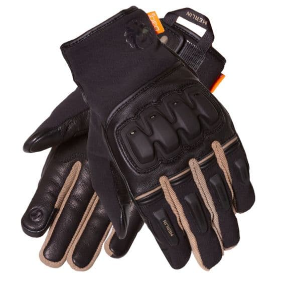 Black and brown motorcycle gloves featuring D3O knuckle protection, a leather palm, and a secure wrist strap, designed for comfort and safety in riding.