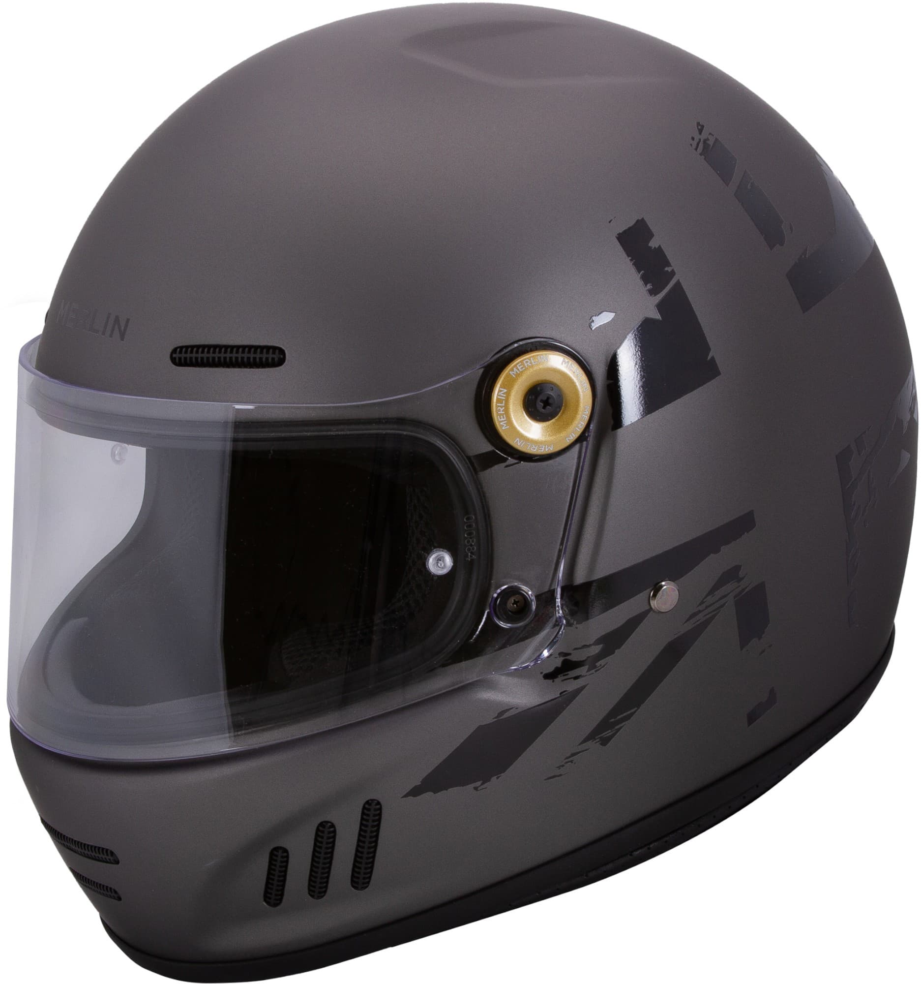 Merlin Revival Vintage Union Helmet in matte gray, featuring a clear visor, ventilation ports, and a gold accent, designed for men in size M.