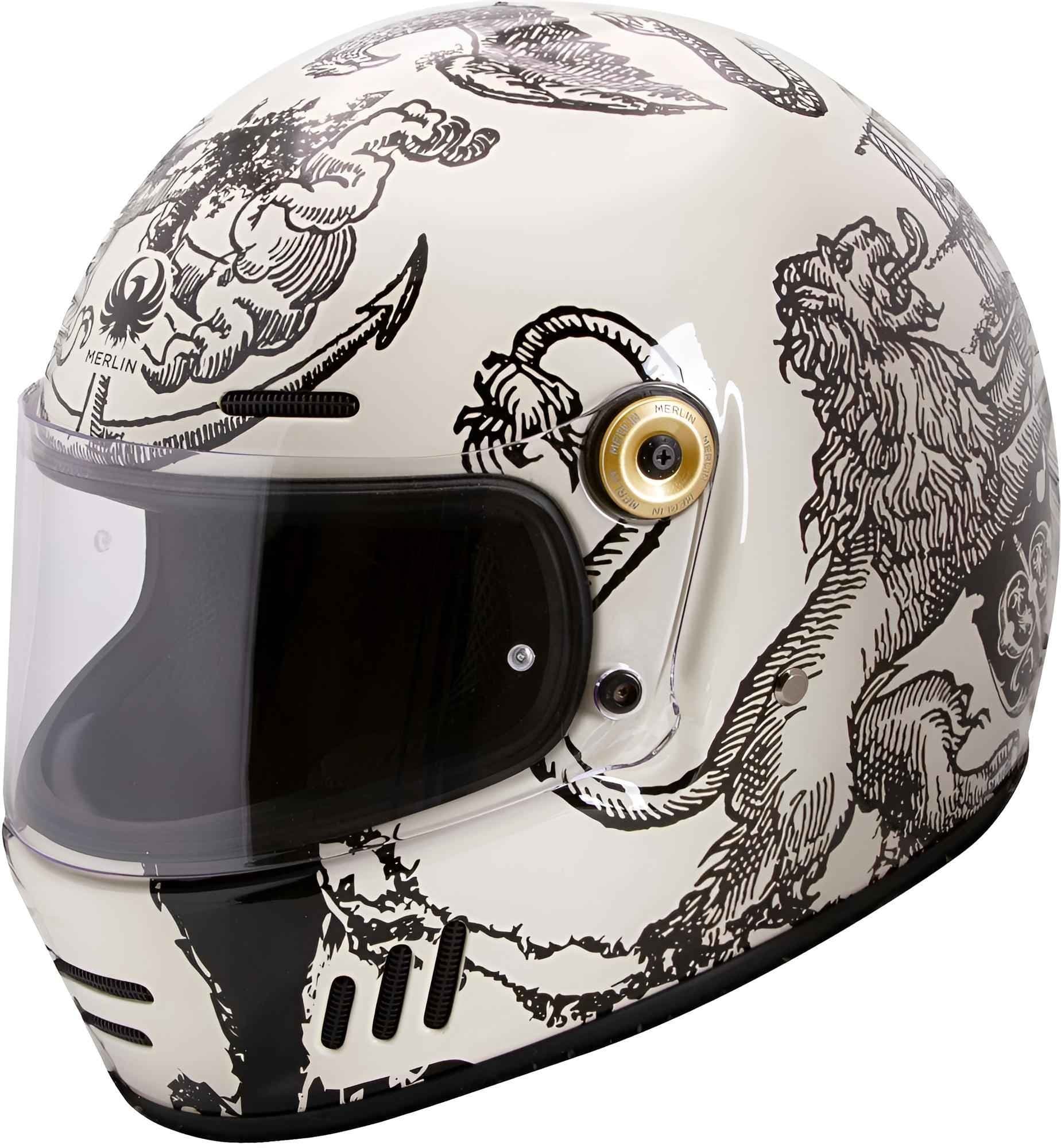 Vintage-style white helmet featuring intricate black illustrations, a clear visor, and ventilation slots, designed for men in size S by Merlin.