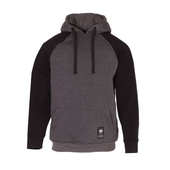 Black and grey pullover hoody with a kangaroo pocket, raglan sleeves, and D3O armor inserts, made of soft, durable material, featuring a logo patch at the hem.