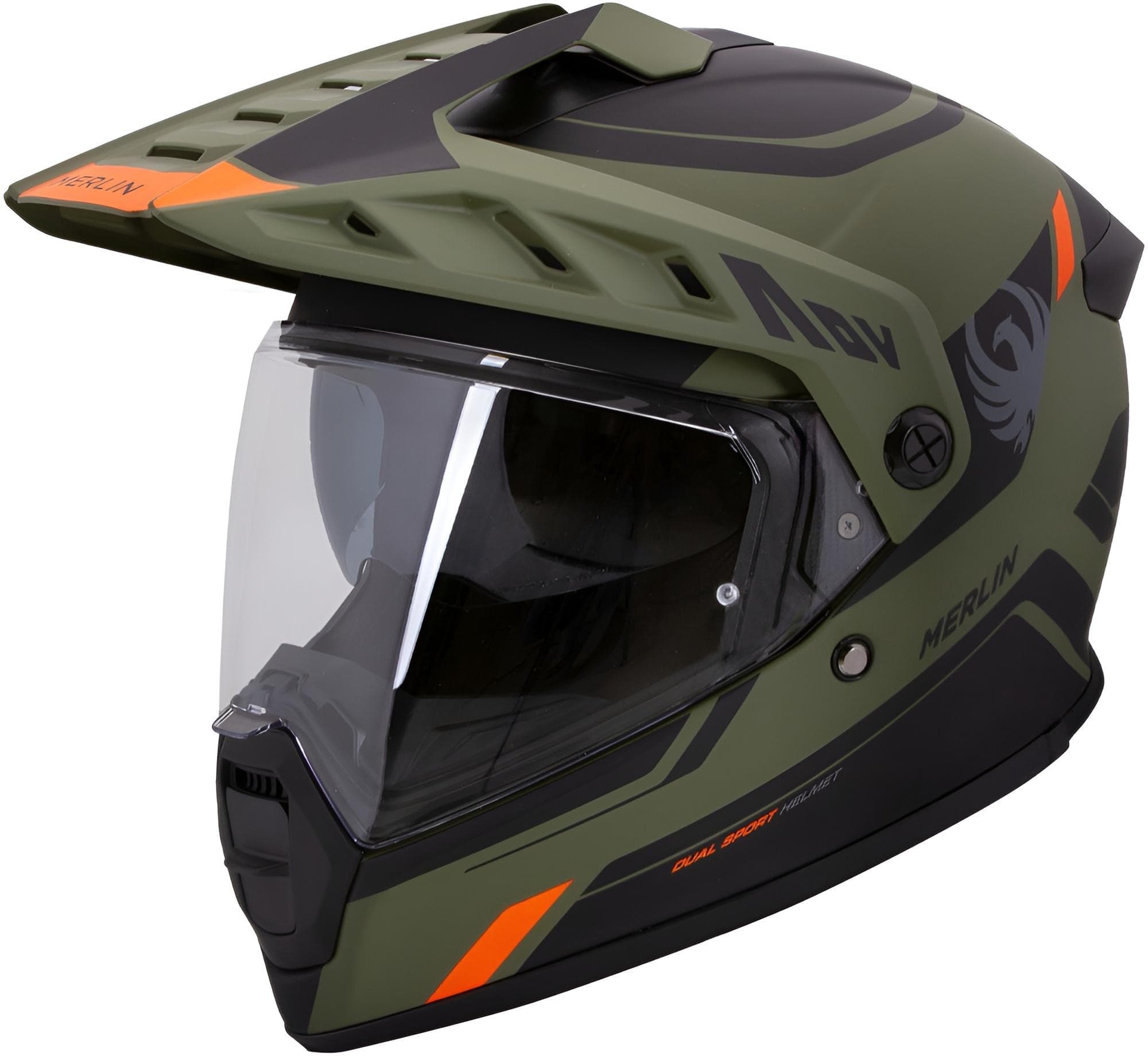 Green Merlin Torres Adventure Block Enduro Helmet in size M features a sleek design, a clear visor, and bold orange accents, ideal for off-road riding.