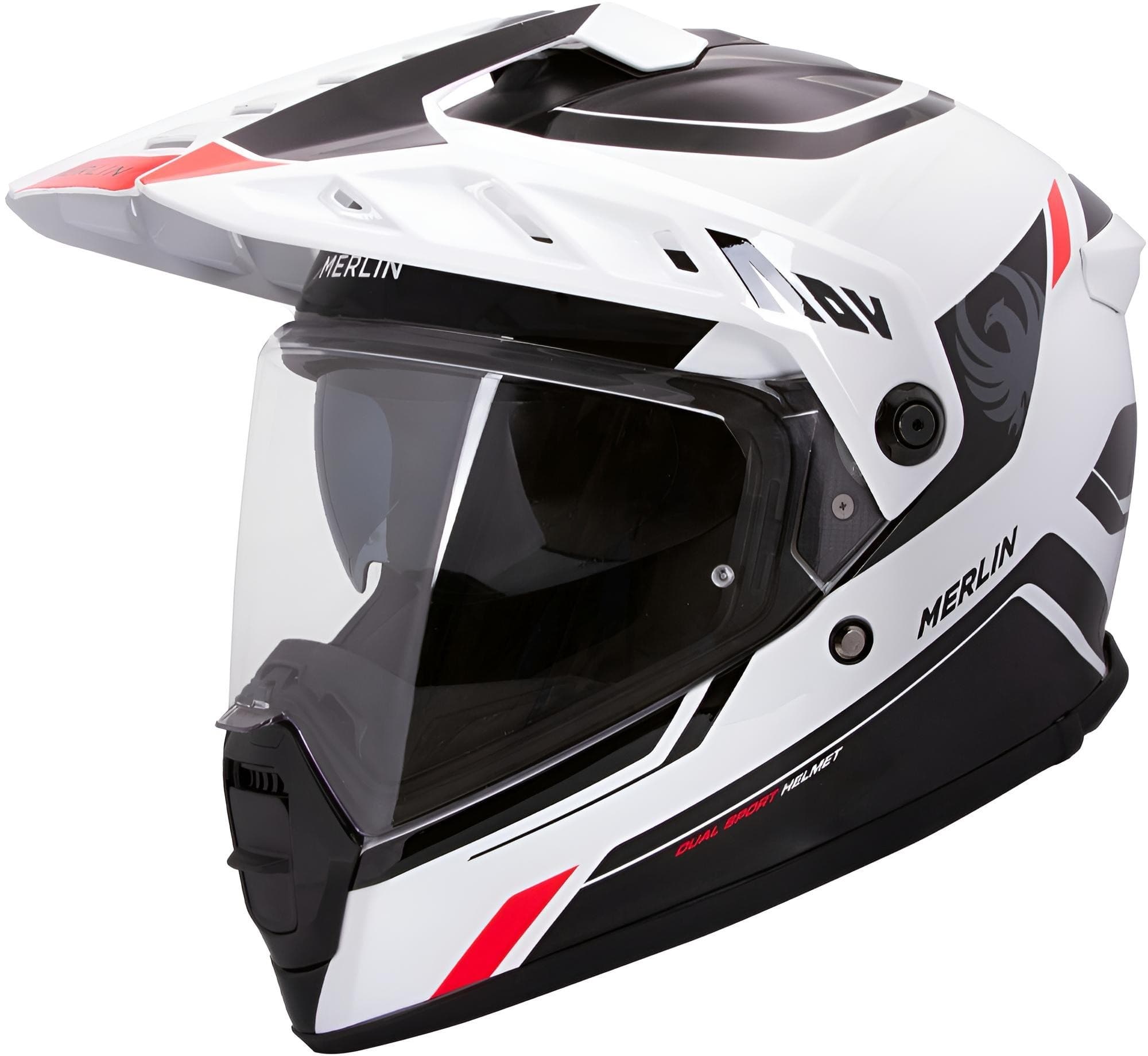 Merlin Torres Adventure Block Enduro Helmet in white and red, featuring a sleek design, adjustable visor, and a clear face shield, size S for men.