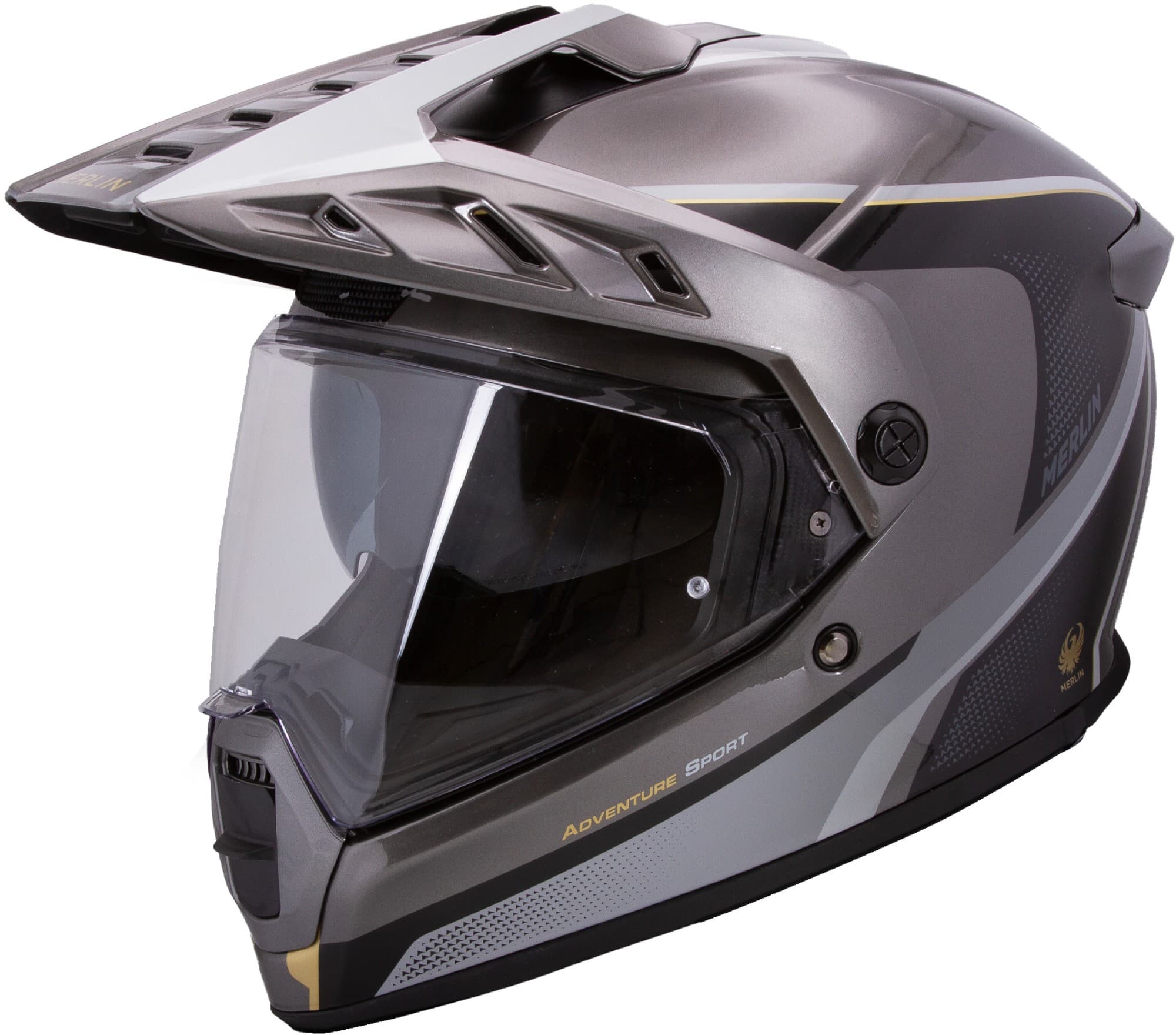 Gray and black Merlin Torres Adventure Speed Enduro Helmet in size S, featuring a clear visor, aerodynamic design, and ventilation slots for optimal airflow.