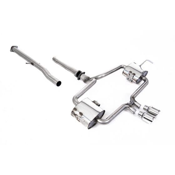 Milltek Non-Resonated 2.5" Cat Back Exhaust System featuring polished stainless steel construction and dual 90mm round GT tailpipes.